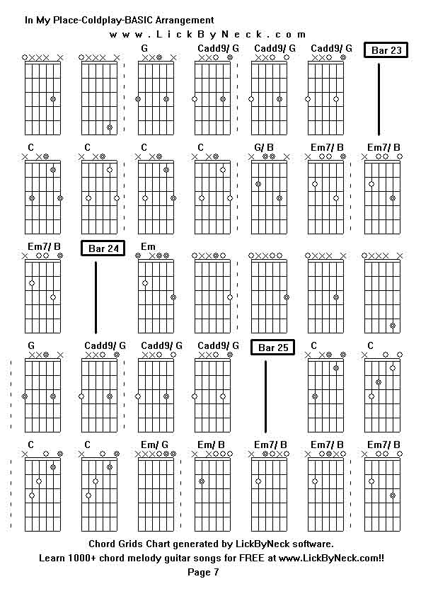 Chord Grids Chart of chord melody fingerstyle guitar song-In My Place-Coldplay-BASIC Arrangement,generated by LickByNeck software.